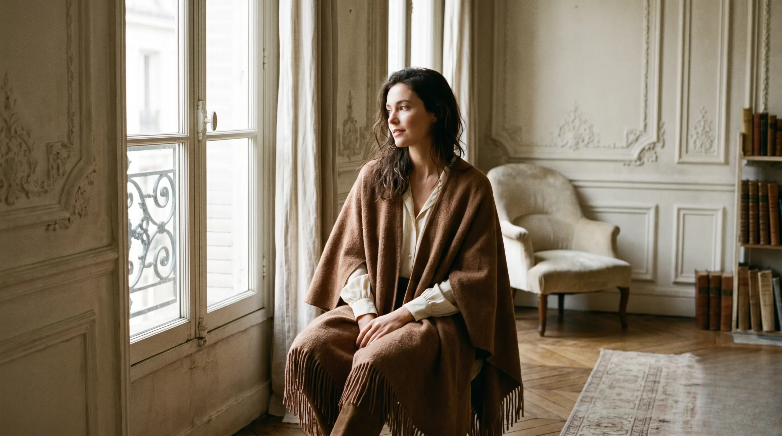 A woman in a flowing bohemian Chloé cape sitting in a warm sunlit Haussmann-style apartment in Paris.