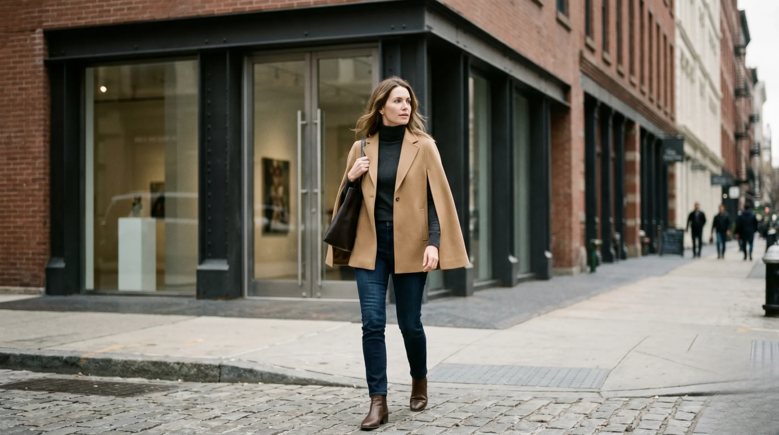 A street style shot of a woman wearing a camel Chloé cape jacket with a dark turtleneck and denim in Tribeca.