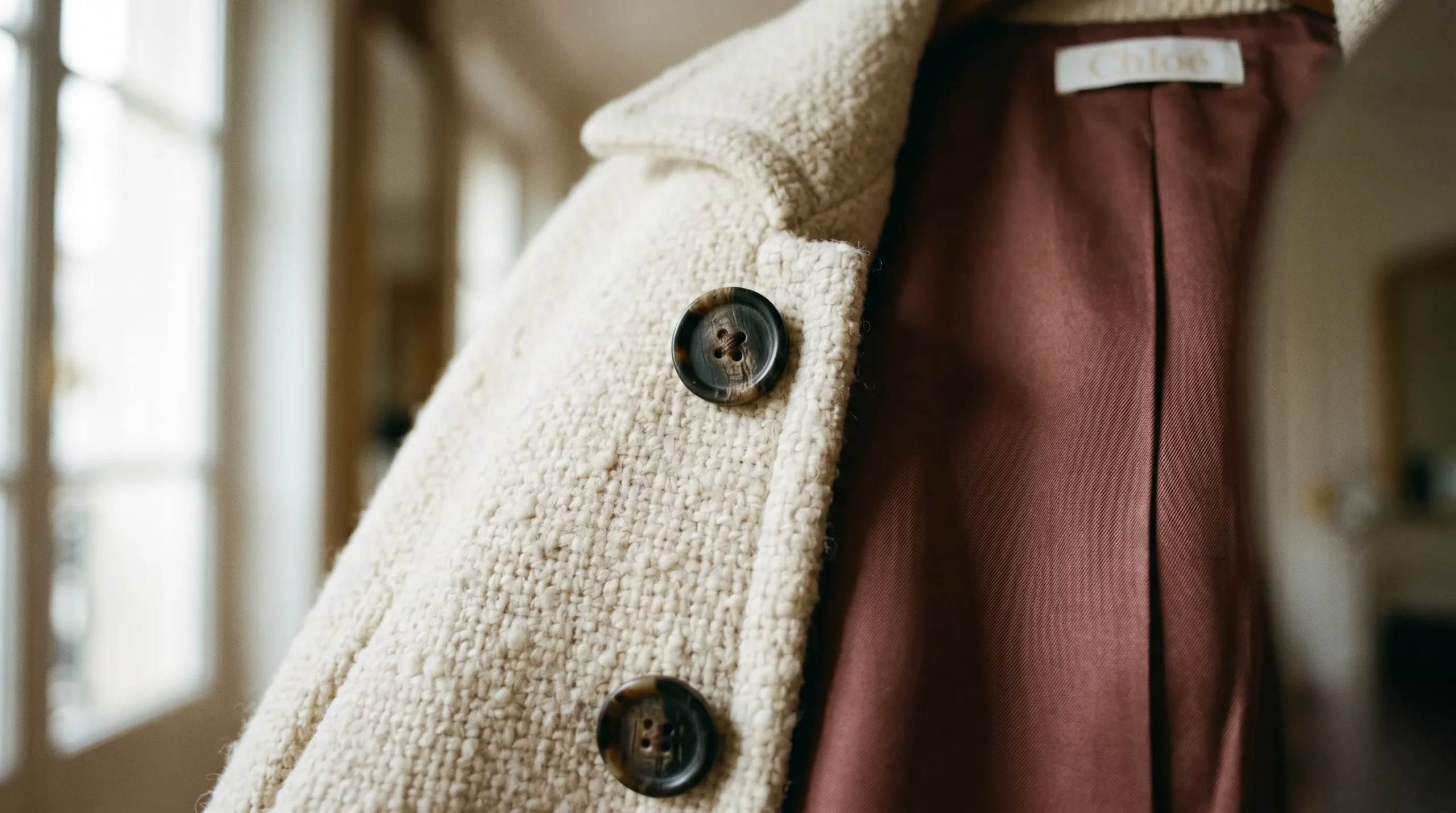 A detailed macro shot showing the premium virgin wool fabric and horn button construction of a Chloé cape jacket.