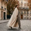 An editorial photograph of a woman wearing an alabaster cashmere Chloé cape walking on a Parisian street.