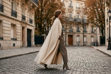 An editorial photograph of a woman wearing an alabaster cashmere Chloé cape walking on a Parisian street.