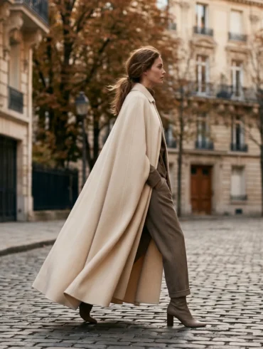 An editorial photograph of a woman wearing an alabaster cashmere Chloé cape walking on a Parisian street.