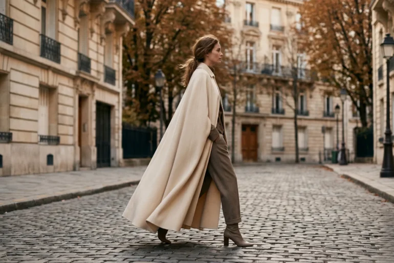 An editorial photograph of a woman wearing an alabaster cashmere Chloé cape walking on a Parisian street.
