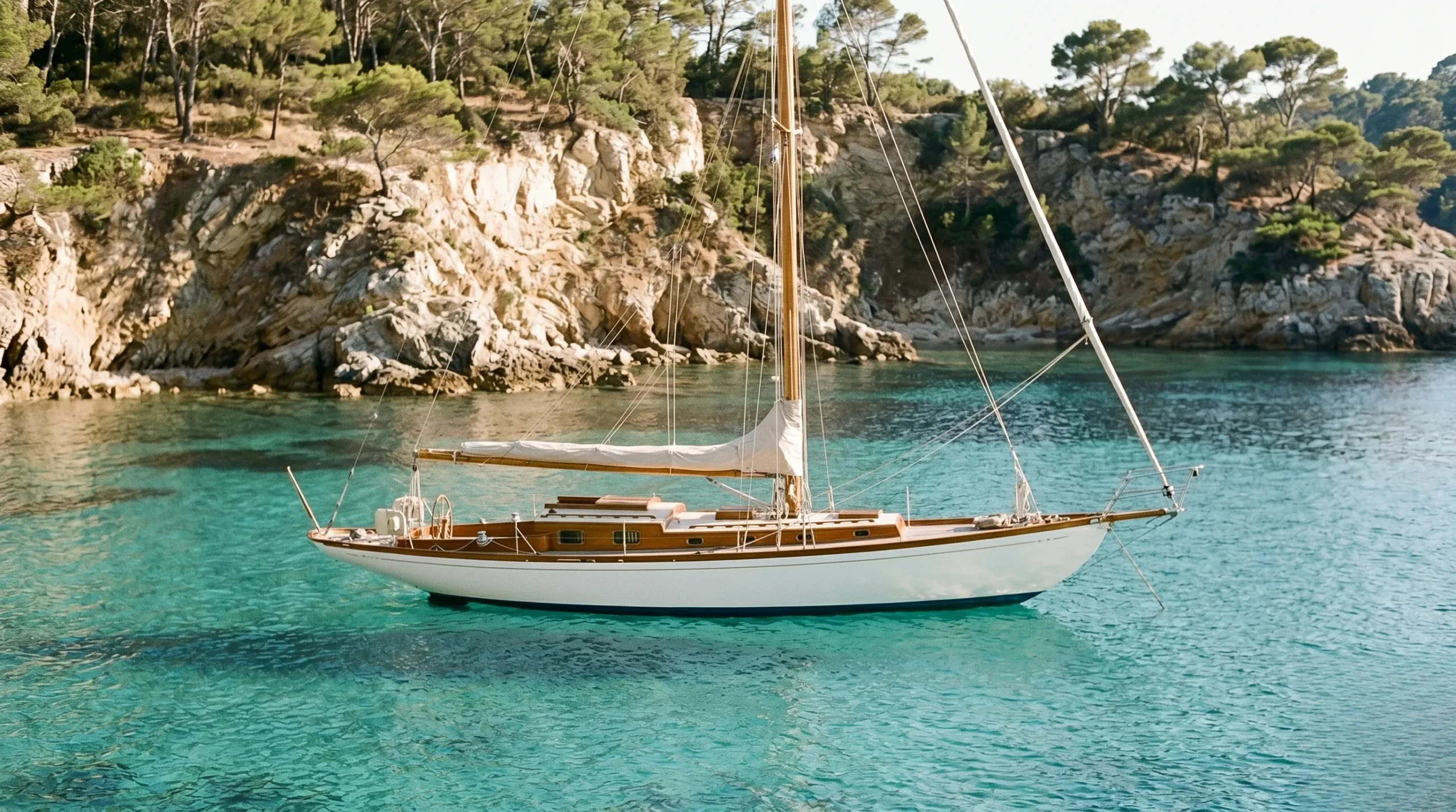 A luxury classic wooden yacht anchored in a secluded, crystal-clear turquoise cove at the Golden Isles of Porquerolles under warm sun.