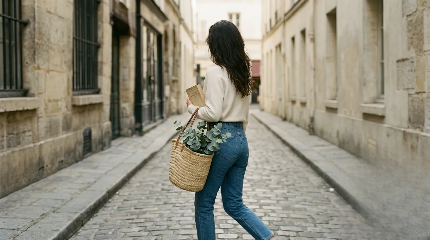 A modern French woman with effortless style walking down a cobblestone alley carrying a market basket with fresh plants