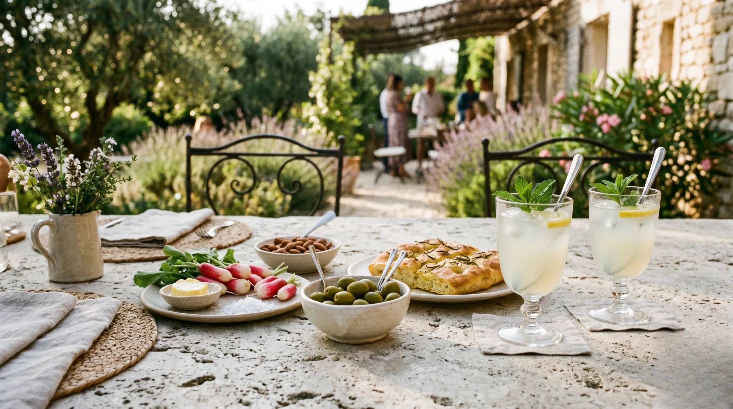 An elegant summer aperitif table setup featuring cloudy pastis drinks, Lucques olives, and fresh radishes on a marble table