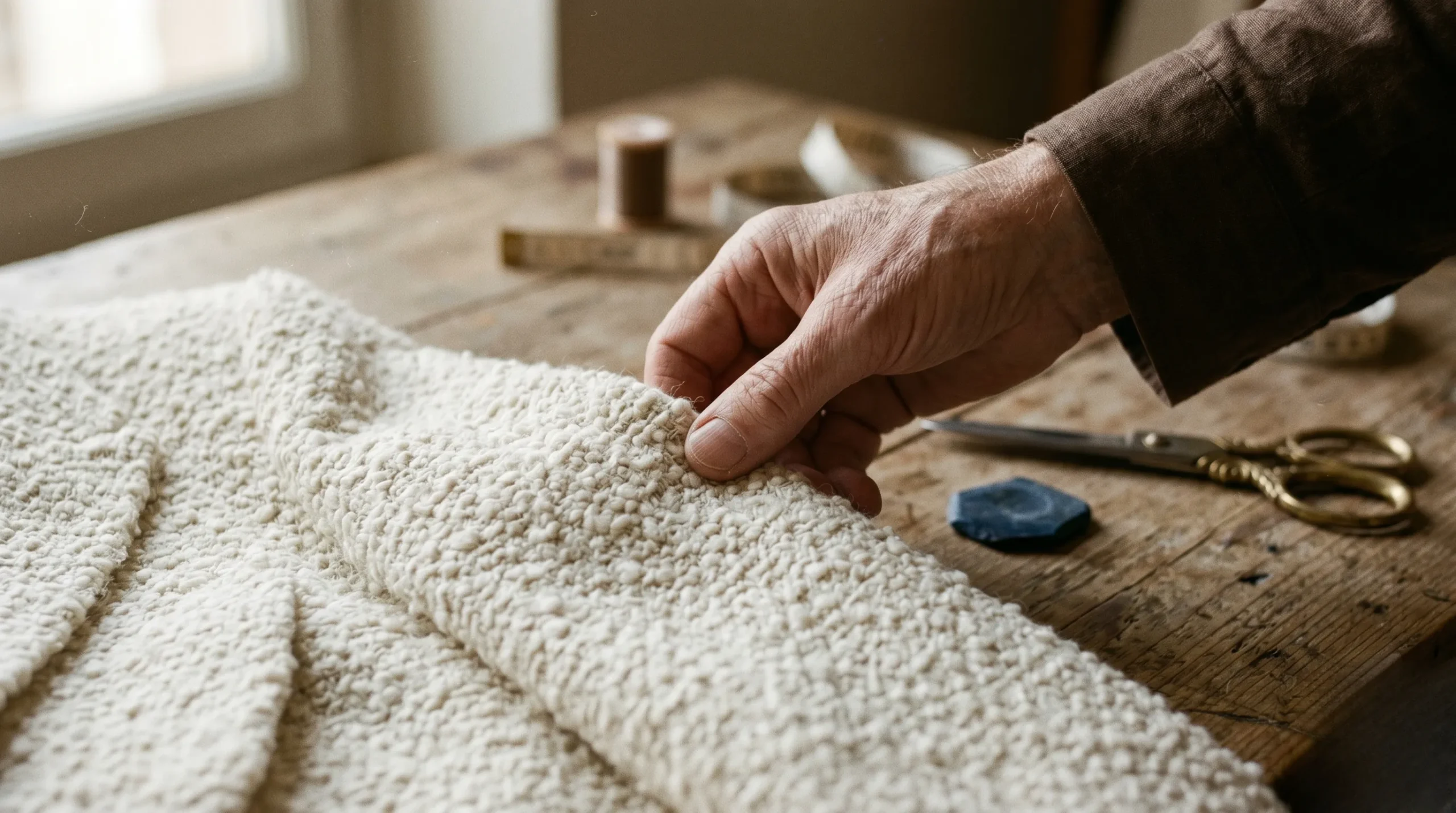 Close-up of a tailor's hand touching high-quality ivory boucle fabric on a wooden workbench with tailoring tools. french fashion designers