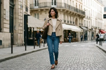 A French woman walks in Saint-Germain-des-Prés wearing a sand-colored cropped trench coat over raw denim and Mary Janes.
