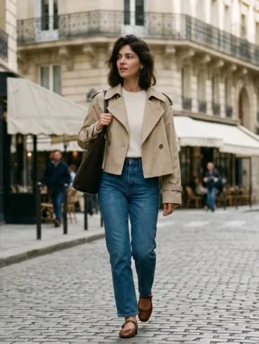 A French woman walks in Saint-Germain-des-Prés wearing a sand-colored cropped trench coat over raw denim and Mary Janes.