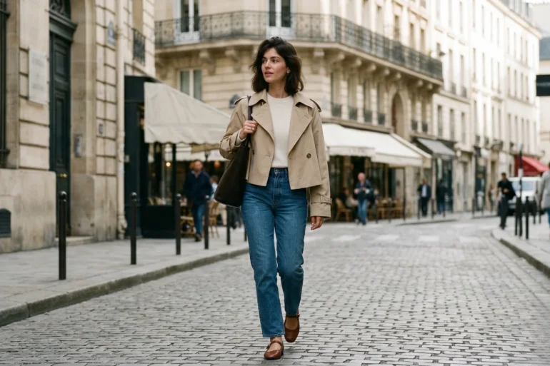 A French woman walks in Saint-Germain-des-Prés wearing a sand-colored cropped trench coat over raw denim and Mary Janes.