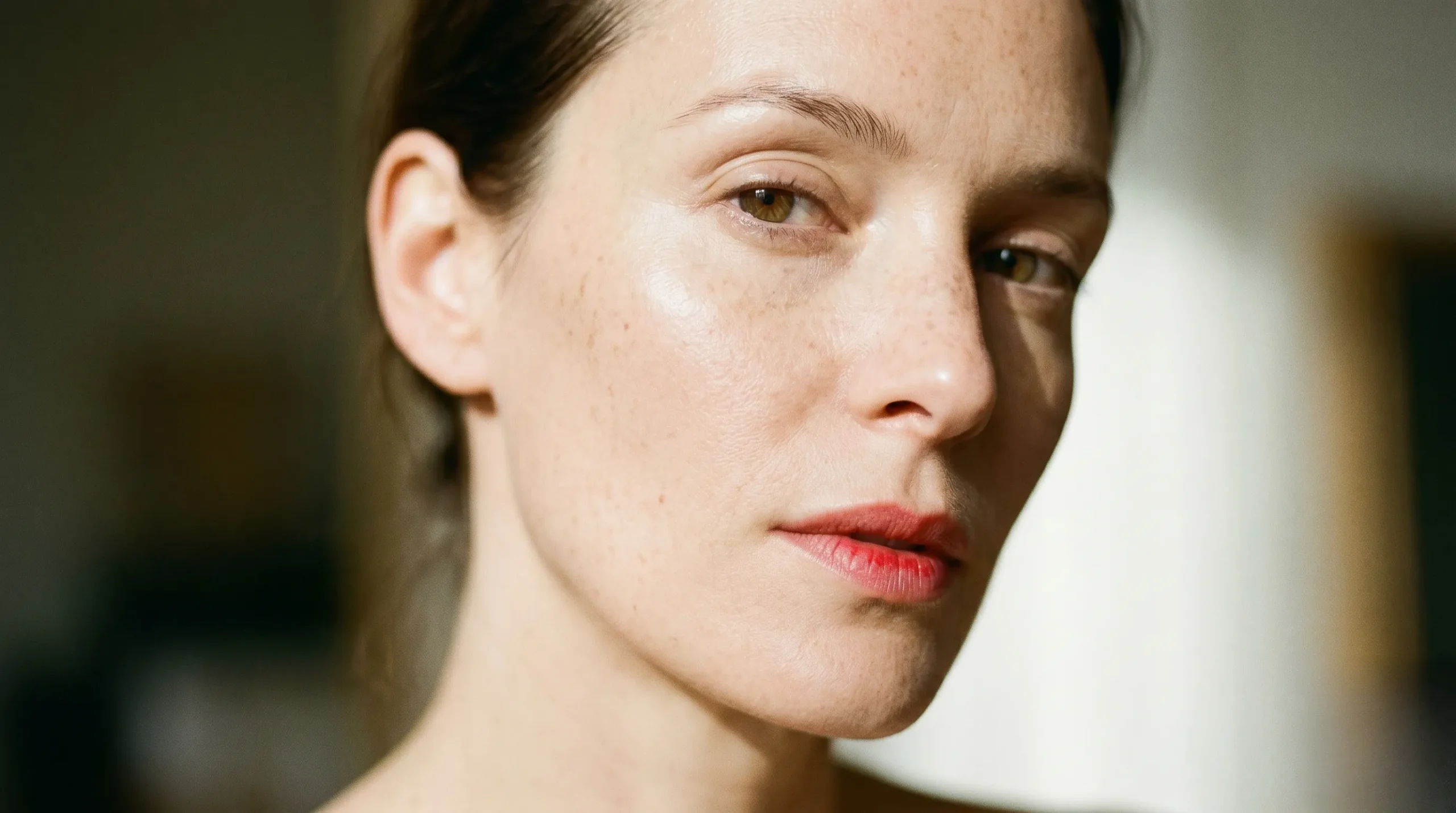 A soft-focus, warm beauty portrait of an elegant French woman with sheer skin and a blotted red lip, basking in morning Parisian light