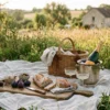 An elegant luxury picnic in a French meadow featuring a willow basket, Grand Cru champagne, fresh figs, and alabaster linen on a warm summer afternoon.