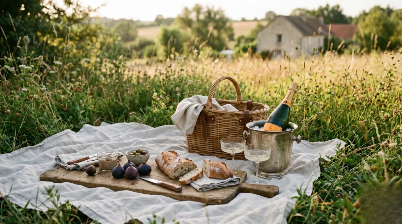An elegant luxury picnic in a French meadow featuring a willow basket, Grand Cru champagne, fresh figs, and alabaster linen on a warm summer afternoon.