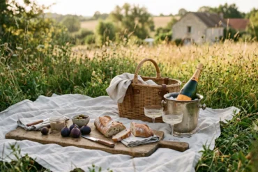 An elegant luxury picnic in a French meadow featuring a willow basket, Grand Cru champagne, fresh figs, and alabaster linen on a warm summer afternoon.
