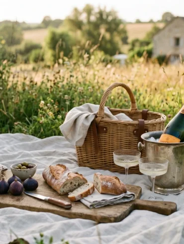 An elegant luxury picnic in a French meadow featuring a willow basket, Grand Cru champagne, fresh figs, and alabaster linen on a warm summer afternoon.