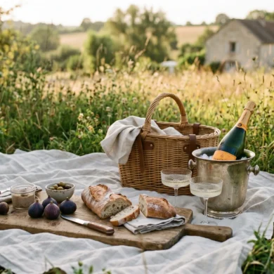 An elegant luxury picnic in a French meadow featuring a willow basket, Grand Cru champagne, fresh figs, and alabaster linen on a warm summer afternoon.