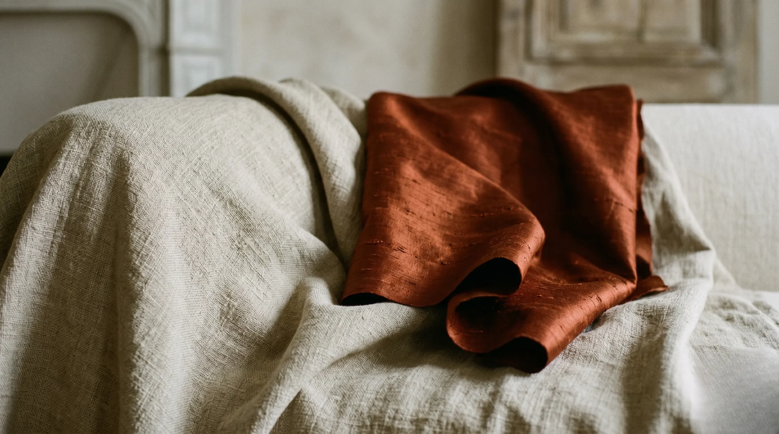 A close-up of heavy sand-colored linen fabric draped next to a rich, vibrant burnt sienna raw silk fabric accent ; colorful in french