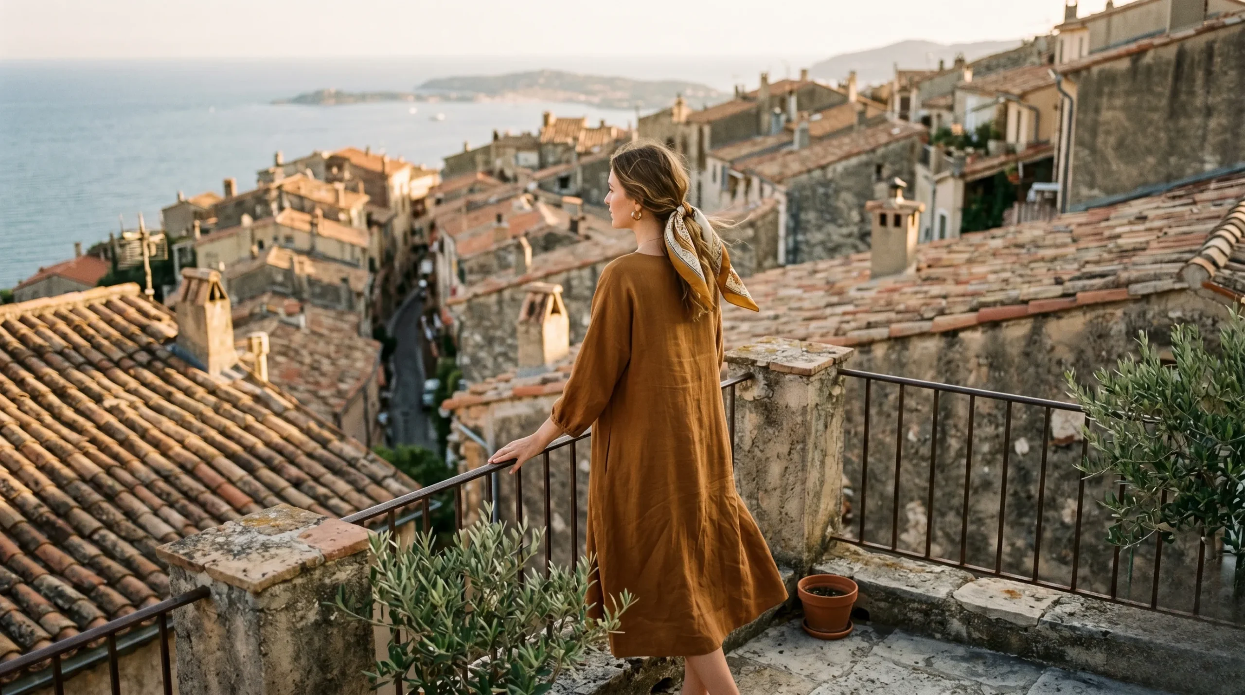 A Parisian woman looking out over a French Riviera village wearing an ochre linen dress with a vintage silk scarf in her hair