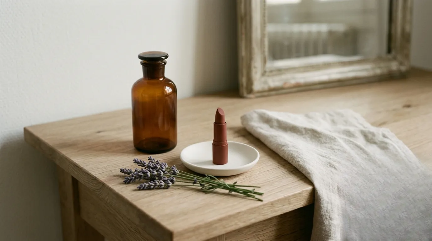 Still life of a French vanity table with amber apothecary bottle and minimalist red lipstick in a sienna and cream aesthetic