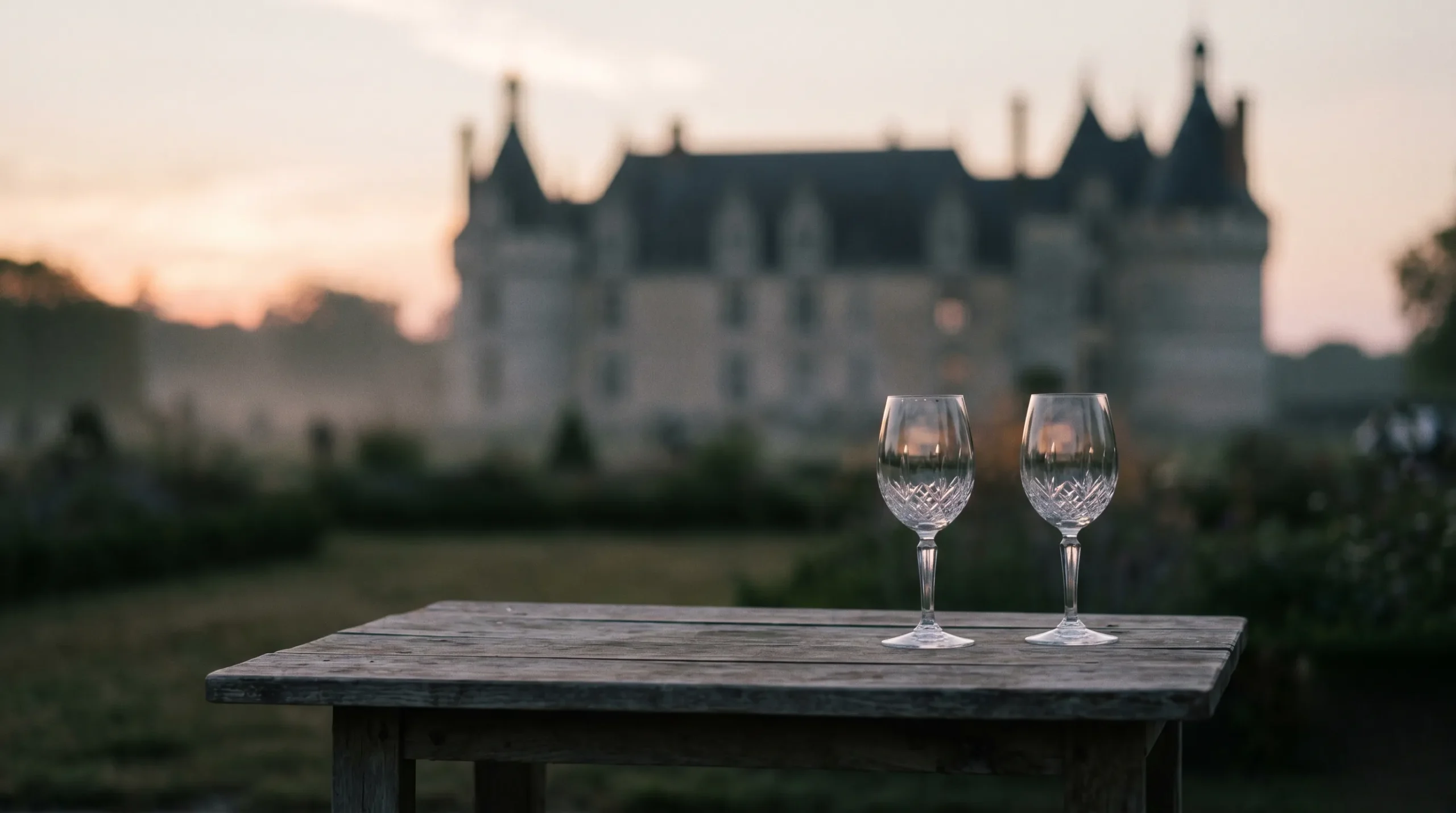 An atmospheric and poetic view of a quiet historical French chateau garden at twilight with a rustic wood table and crystal glasses in the foreground. Picnicking