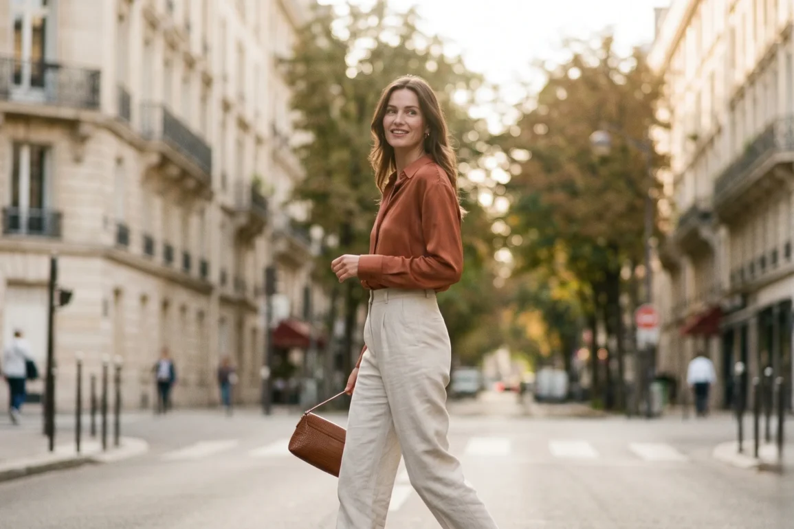 An elegant Parisian woman walking down a sunny street wearing high-waisted alabaster linen trousers and a vibrant terracotta silk shirt