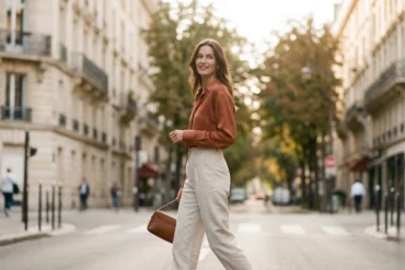 An elegant Parisian woman walking down a sunny street wearing high-waisted alabaster linen trousers and a vibrant terracotta silk shirt