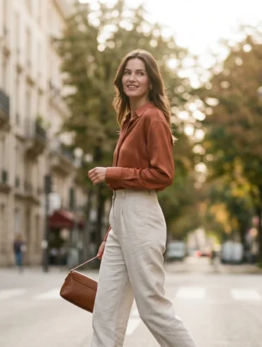 An elegant Parisian woman walking down a sunny street wearing high-waisted alabaster linen trousers and a vibrant terracotta silk shirt