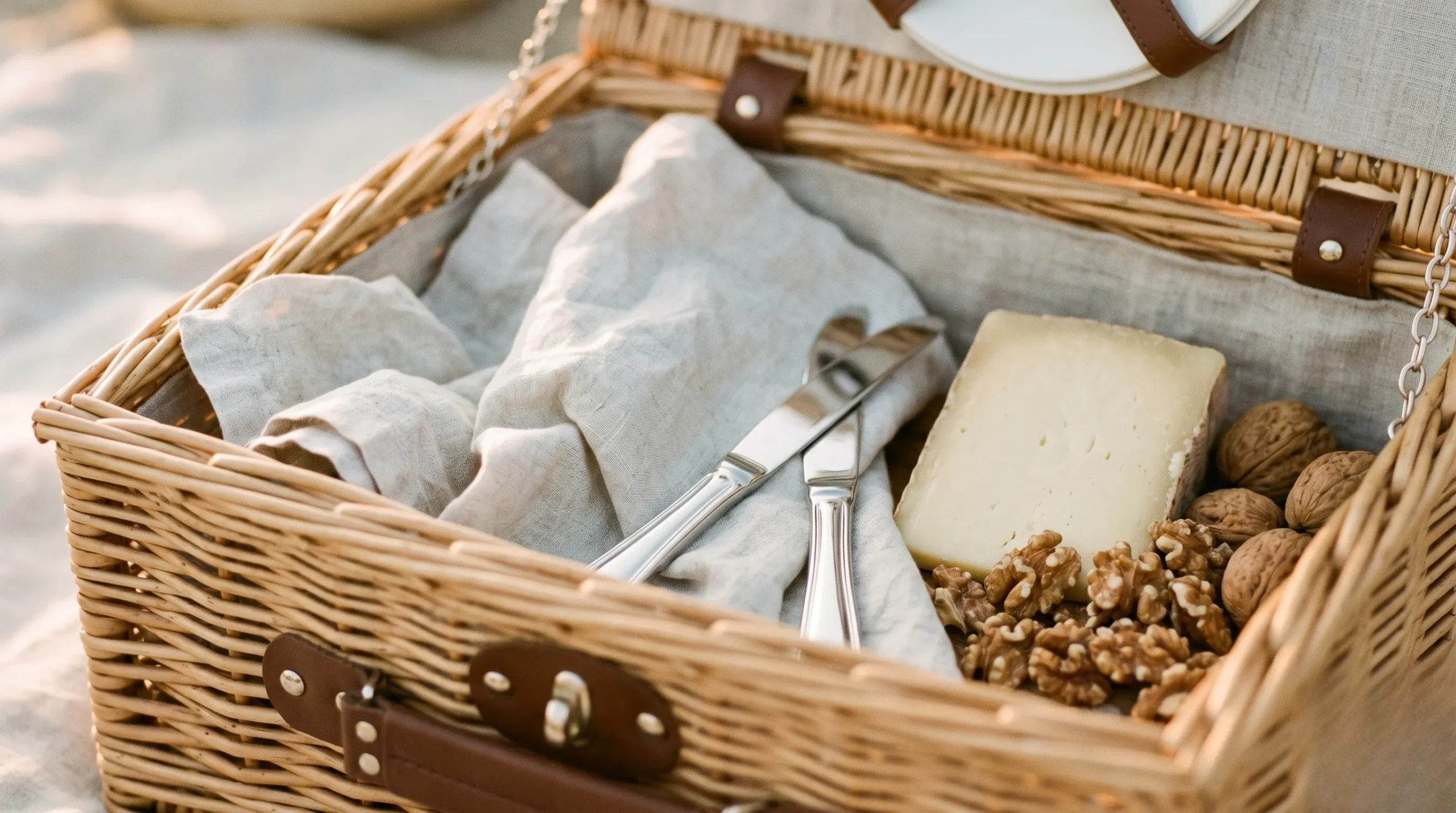 A close-up view of an open premium willow picnic hamper showcasing high-end details like washed alabaster linen, silver cutlery, and artisanal French cheese.