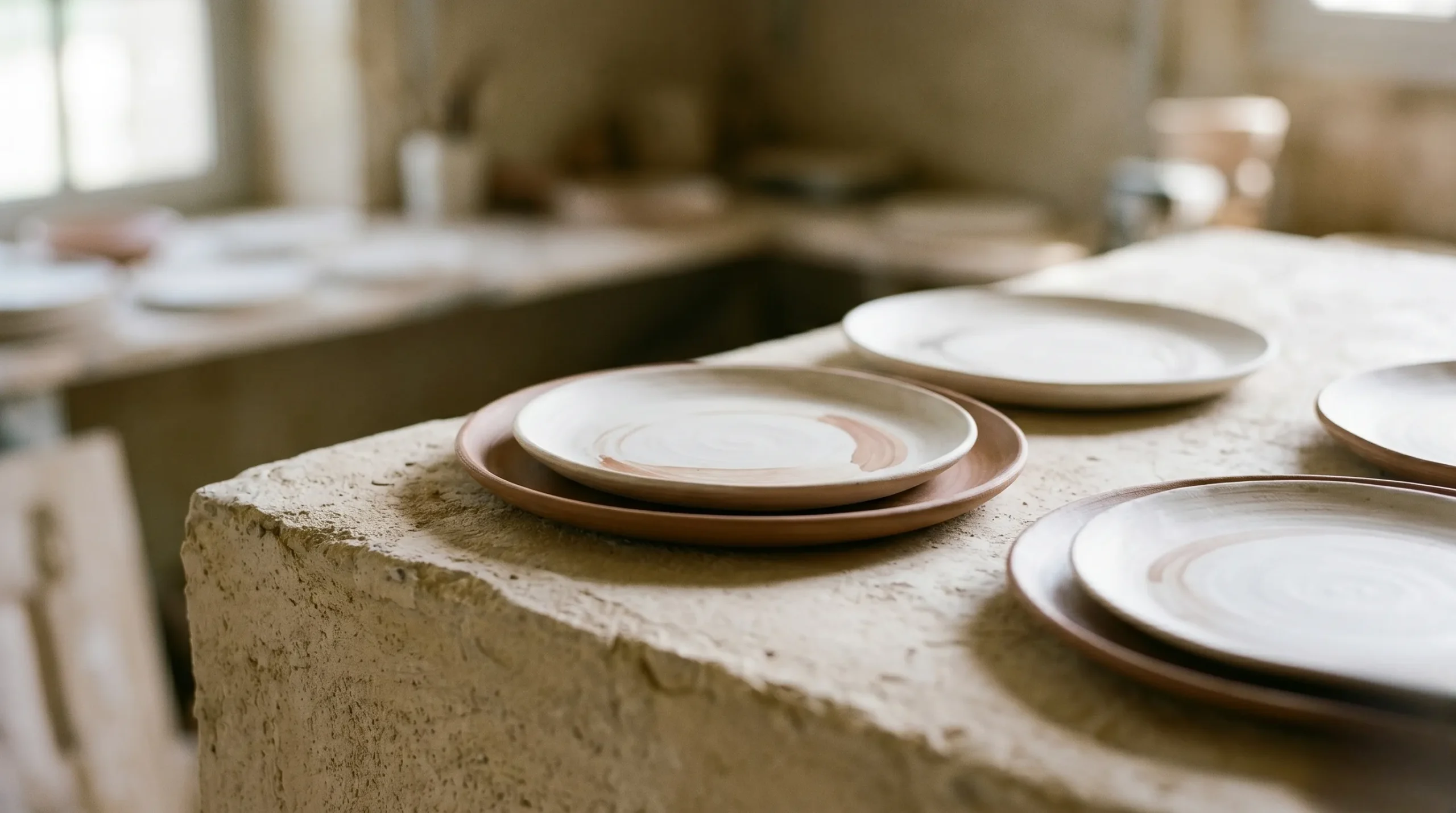 Close-up of hand-painted artisanal ceramic plates in earthy sienna and alabaster tones resting on a plaster surface in Moustiers-Sainte-Marie.