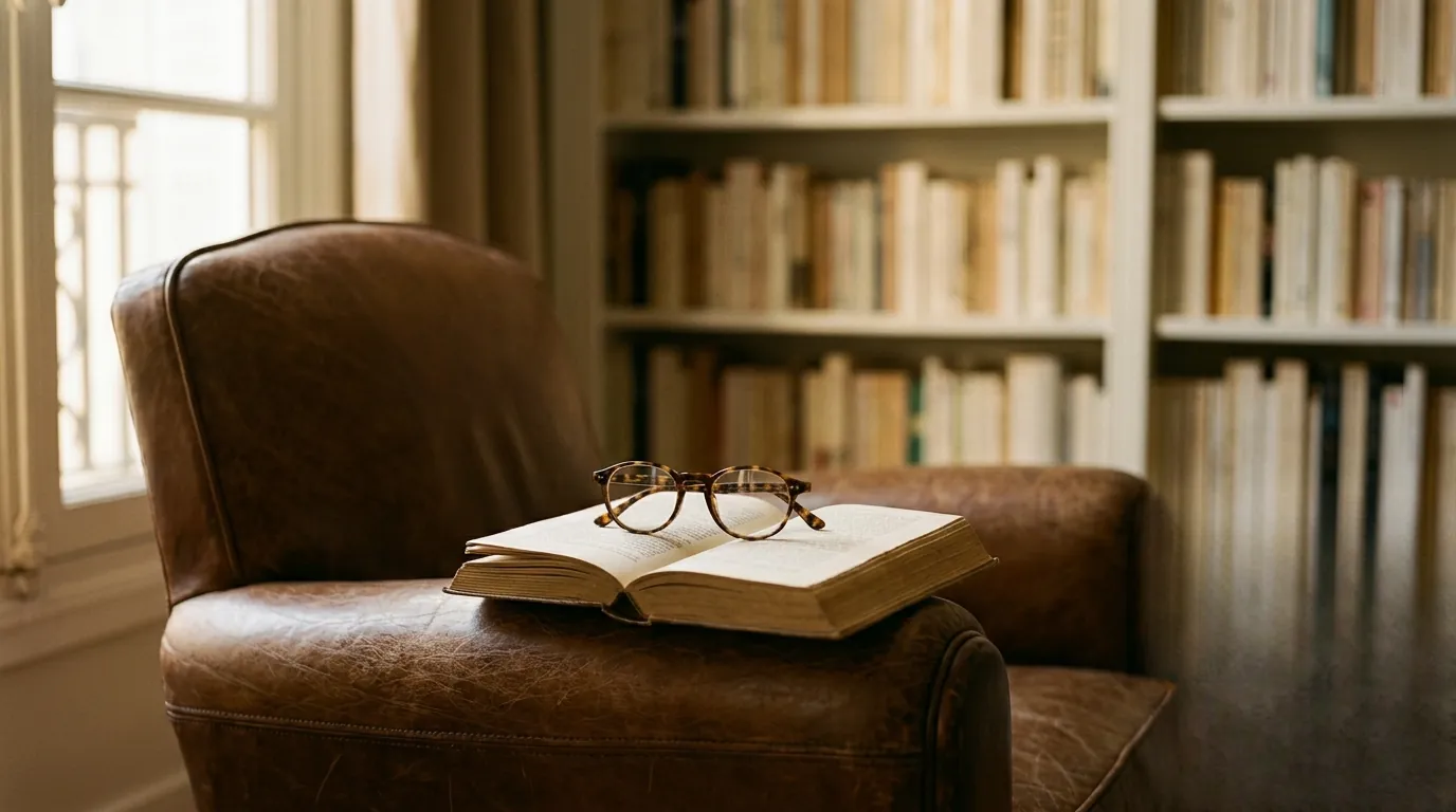 Warm golden light on a vintage leather armchair and a literary novel inside a cozy French home library