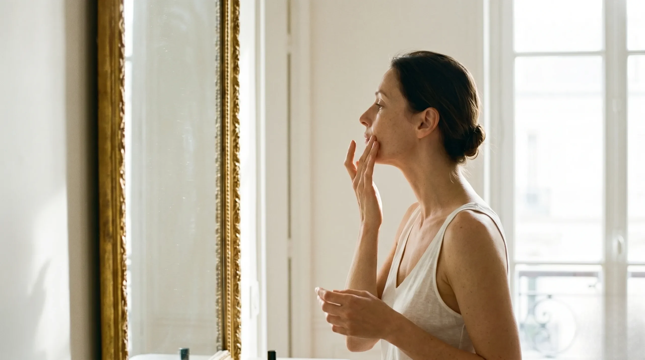 A woman applying sheer skin enhancer with her fingertips in front of a mirror in a sunlit Parisian apartment French makeup