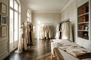 Golden sunlight streaming into a historical Parisian fashion archive filled with curated vintage couture on racks
