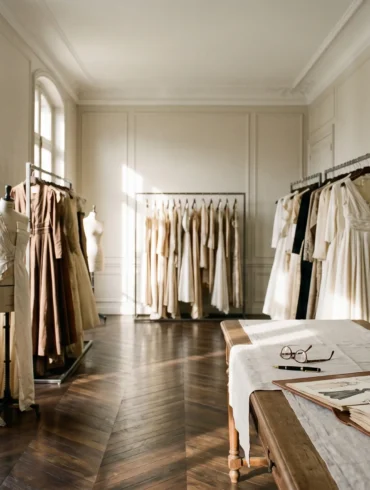 Golden sunlight streaming into a historical Parisian fashion archive filled with curated vintage couture on racks