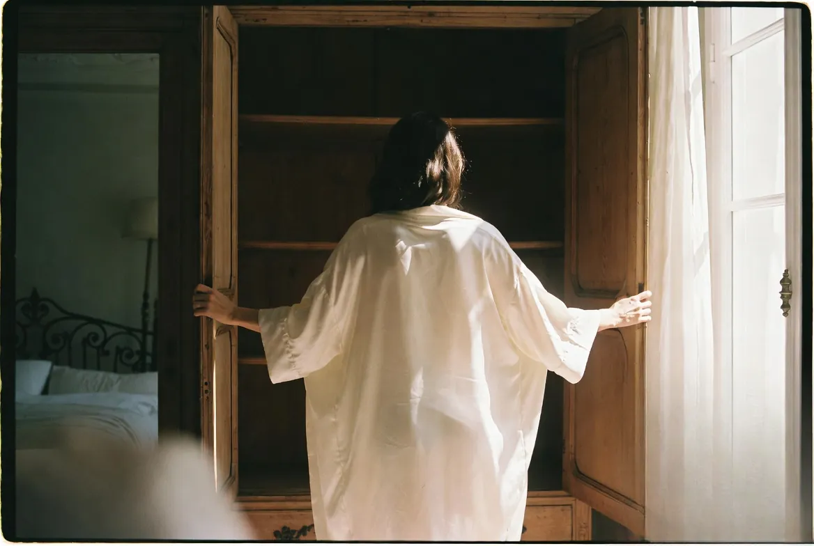An elegant woman in a cream silk robe opening a classic wooden wardrobe in a softly lit Haussmann bedroom