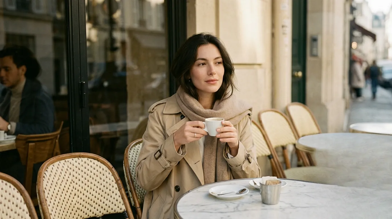 Beautiful French Women in a classic beige trench coat sitting at a marble-topped sidewalk cafe in Saint-Germain-des-Prés