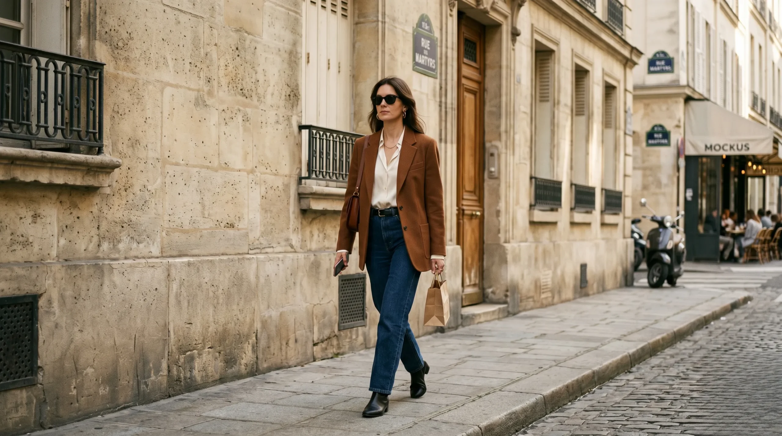A Parisian woman walking effortlessly past a limestone building wearing a sienna brown tailored blazer