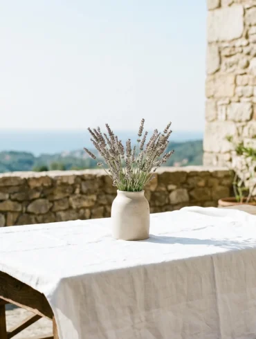 A sun-drenched private stone terrace in Southern France featuring a rustic table with a white linen tablecloth and a ceramic vase of wild lavender overlooking the Mediterranean sea.