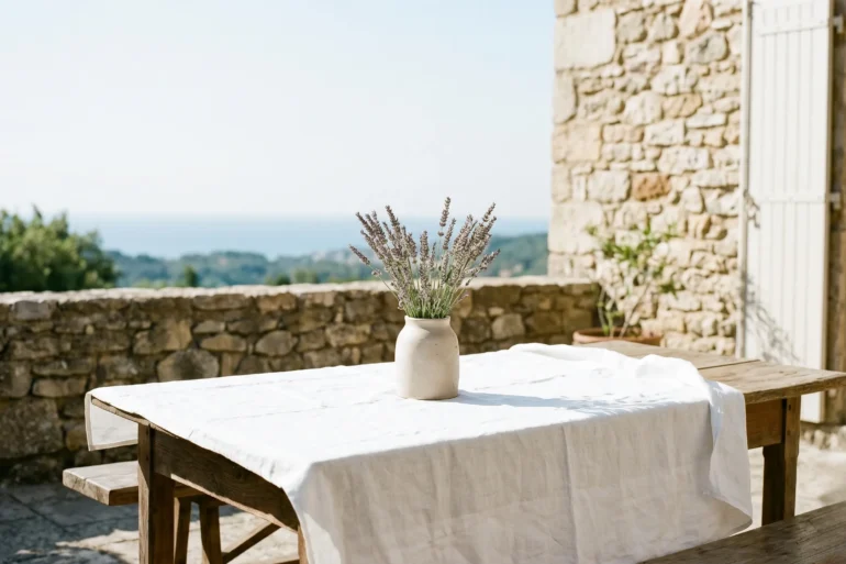 A sun-drenched private stone terrace in Southern France featuring a rustic table with a white linen tablecloth and a ceramic vase of wild lavender overlooking the Mediterranean sea.