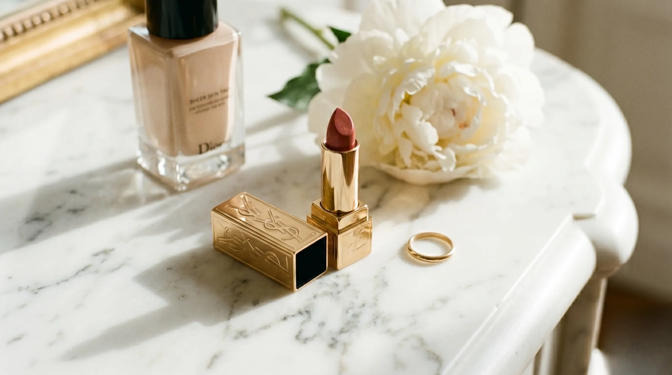 A luxury cosmetic flat-lay on white Calacatta marble, featuring gold lipstick, sheer skin tint, and a white peony