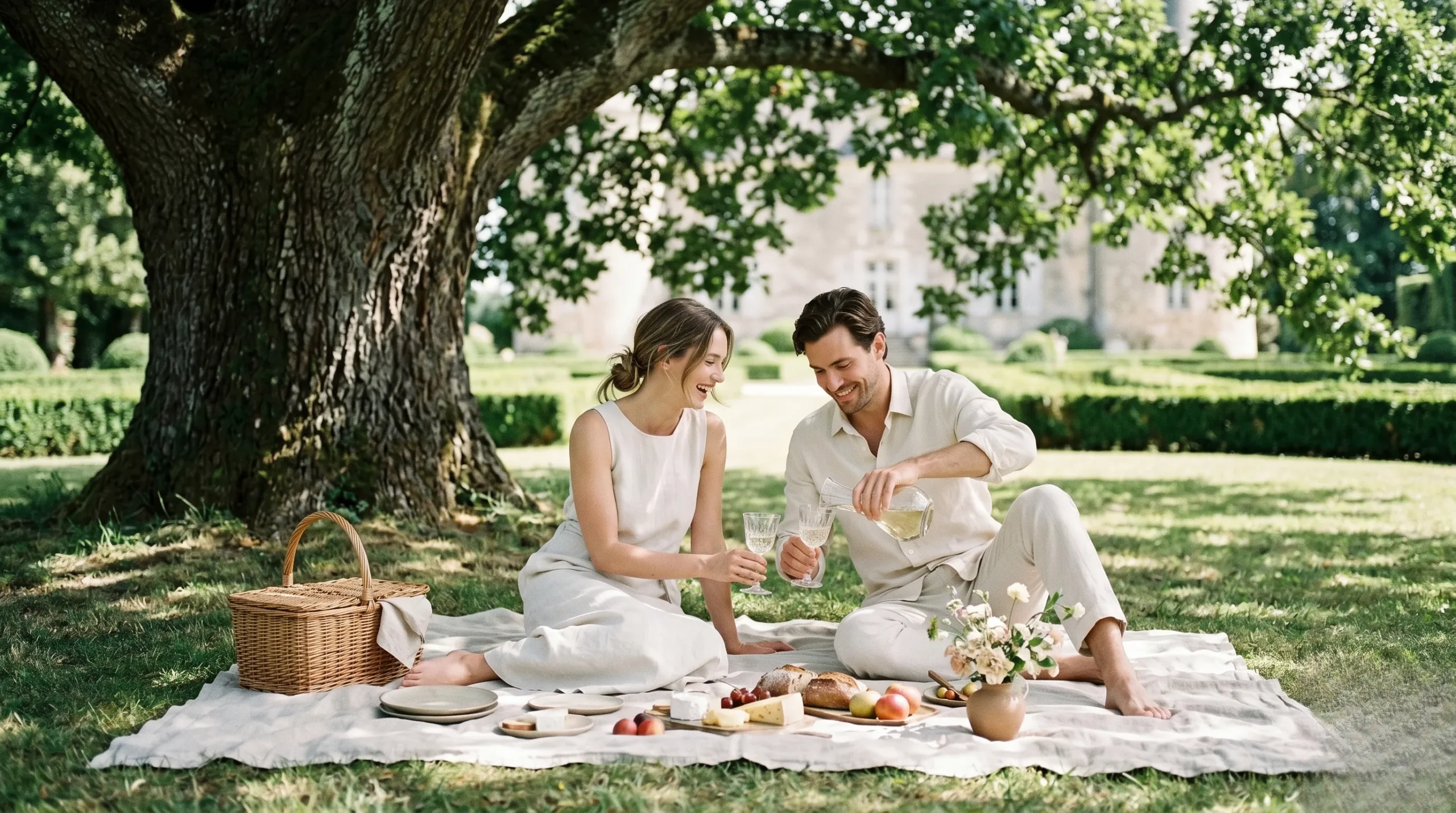 A chic minimalist couple in elegant cream linen attire enjoying a sophisticated picnic under an old oak tree in a French estate garden.