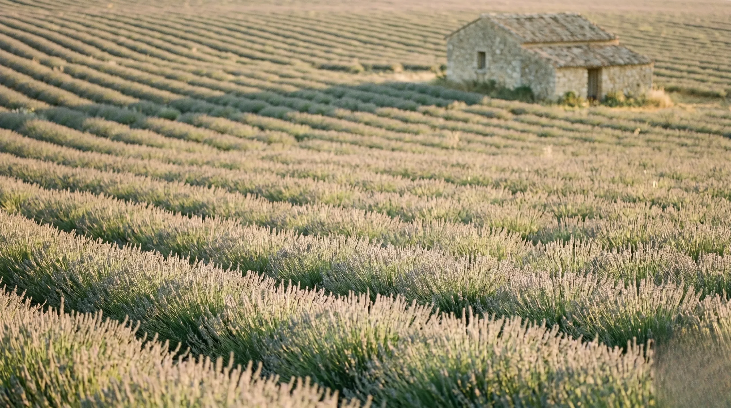 A peaceful lavender field in Valensole at early dawn with warm morning light highlighting the rows and an ancient stone cabin in the distance. Provence Bleue