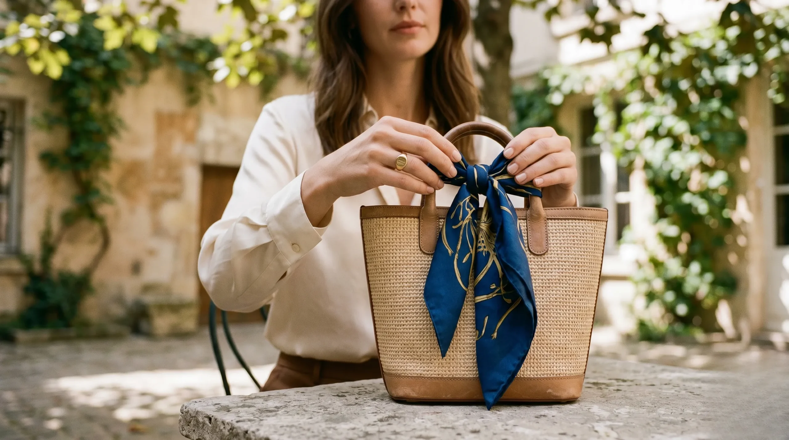 An elegant woman tying a vintage blue and gold silk scarf around the leather handle of a designer raffia tote bag