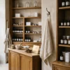The serene minimalist interior of a modern Parisian apothecary with clean shelves and amber glass bottles