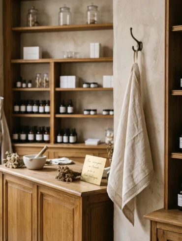 The serene minimalist interior of a modern Parisian apothecary with clean shelves and amber glass bottles