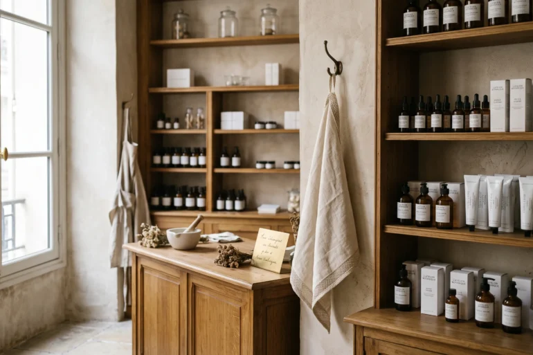 The serene minimalist interior of a modern Parisian apothecary with clean shelves and amber glass bottles