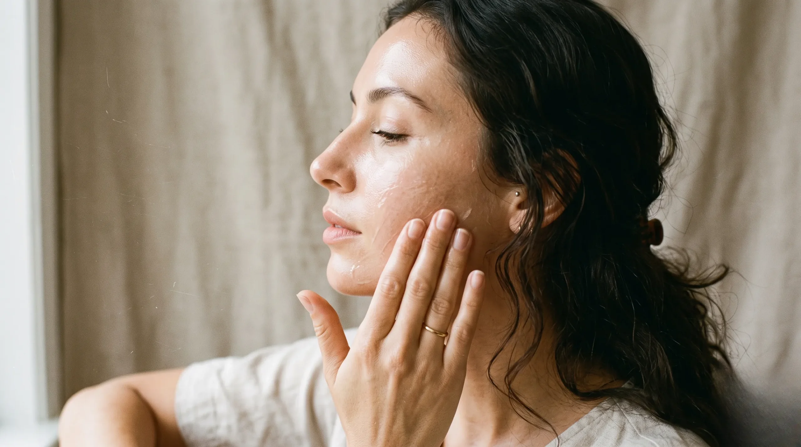Raw skincare ingredients like dried rose petals and botanical elixir on an oak table