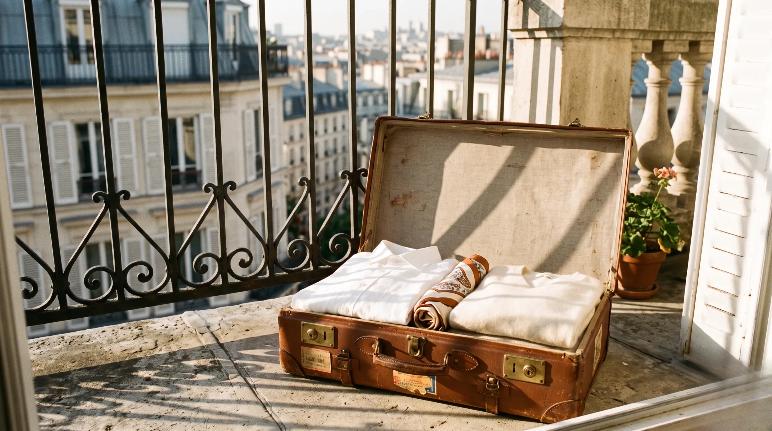 An open vintage suitcase packed with linen and silk clothing for a minimalist vacation. capsule wardrobe vacation