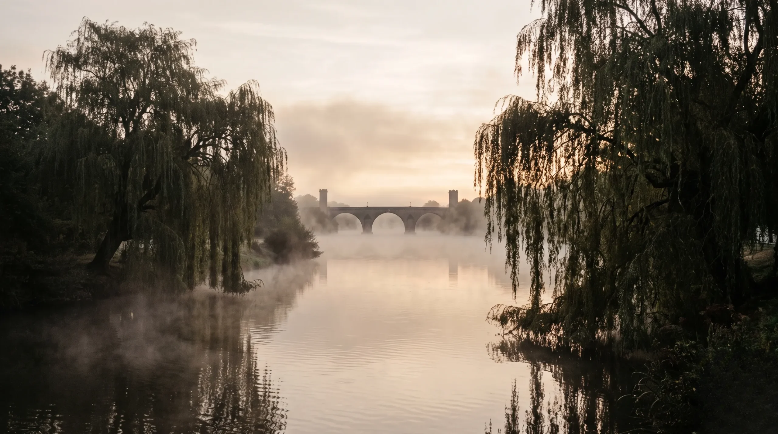 Misty sunrise over the peaceful Charente river near historic buildings in Cognac, France.