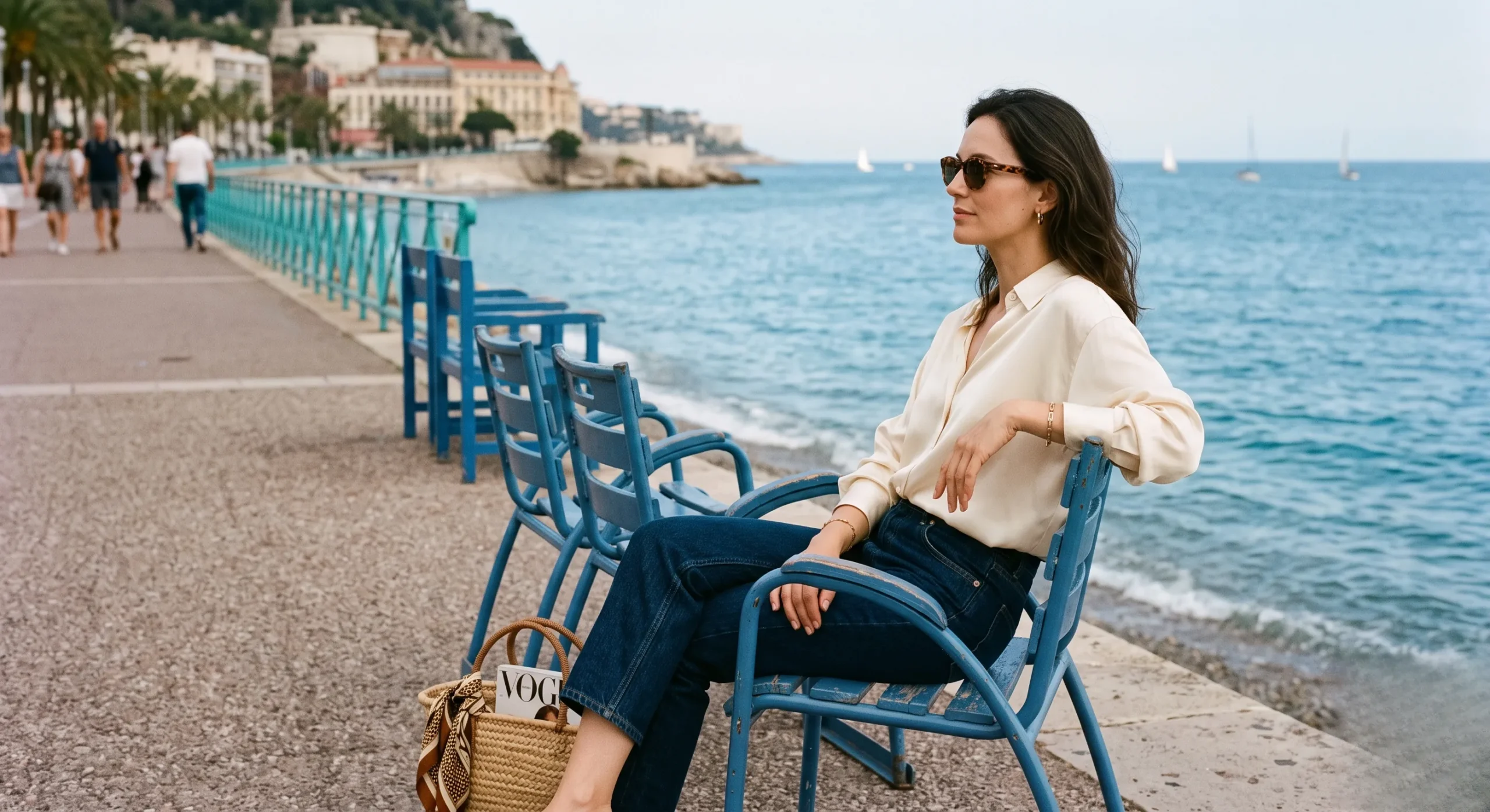 A sophisticated woman wearing a cream silk shirt and sunglasses sitting on a blue chair on the Promenade des Anglais in Nice