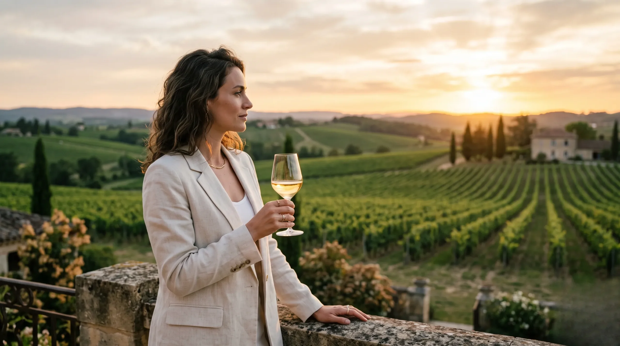 A sophisticated woman in a linen blazer holding a glass of cognac at golden hour in a vineyard.